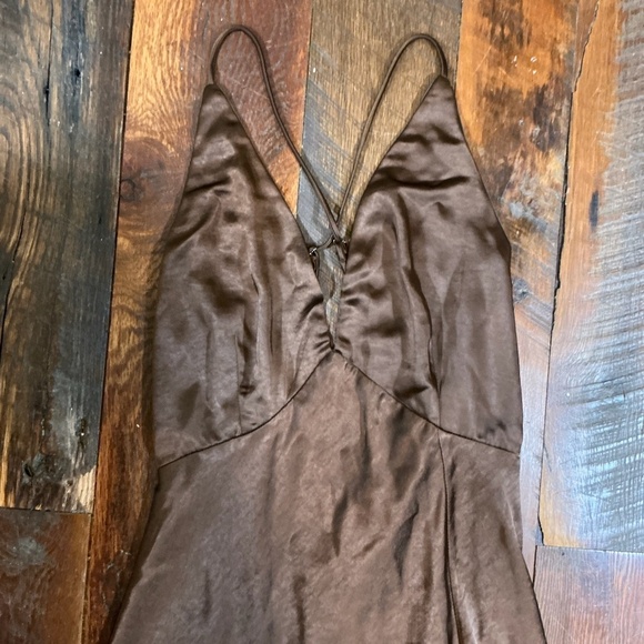 Hello Molly Satin Slip Midi Dress Brown Spaghetti Strap Slit Size 8 - Picture 3 of 7